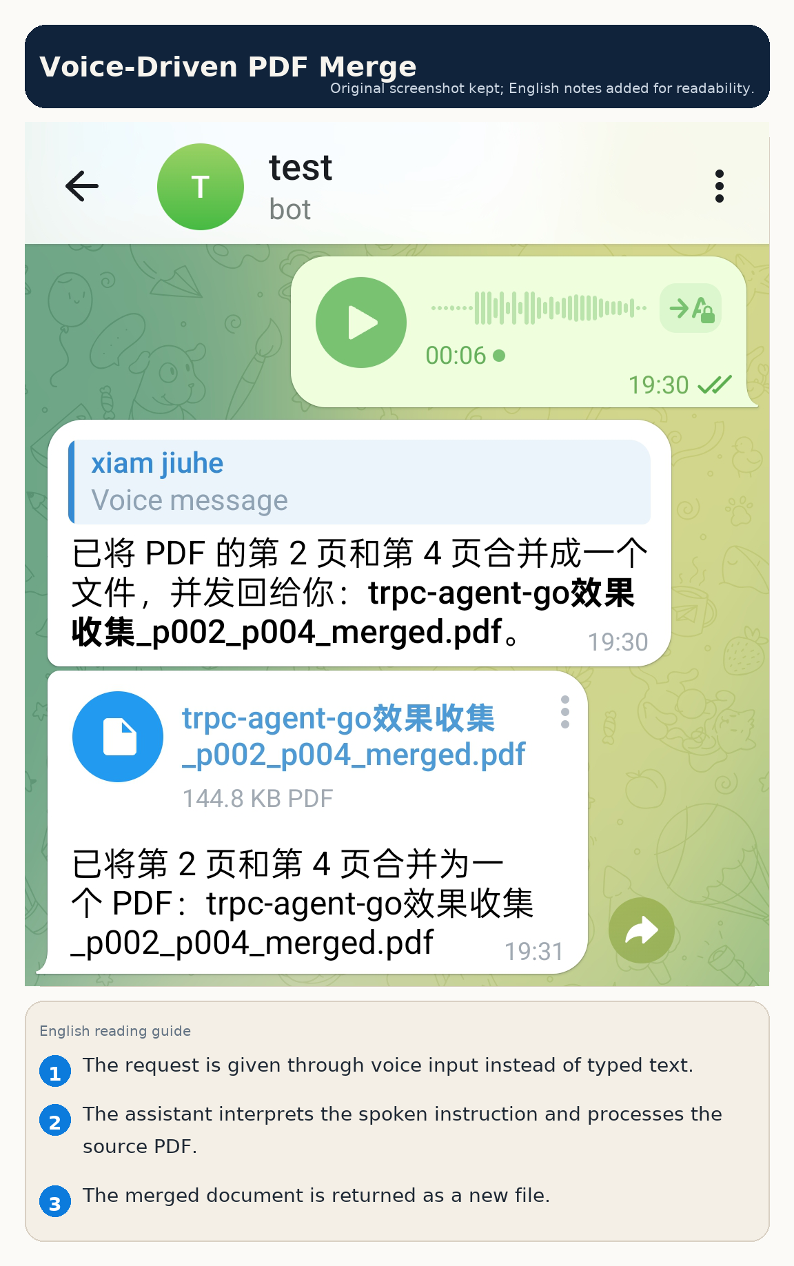 Merging PDF pages via voice input