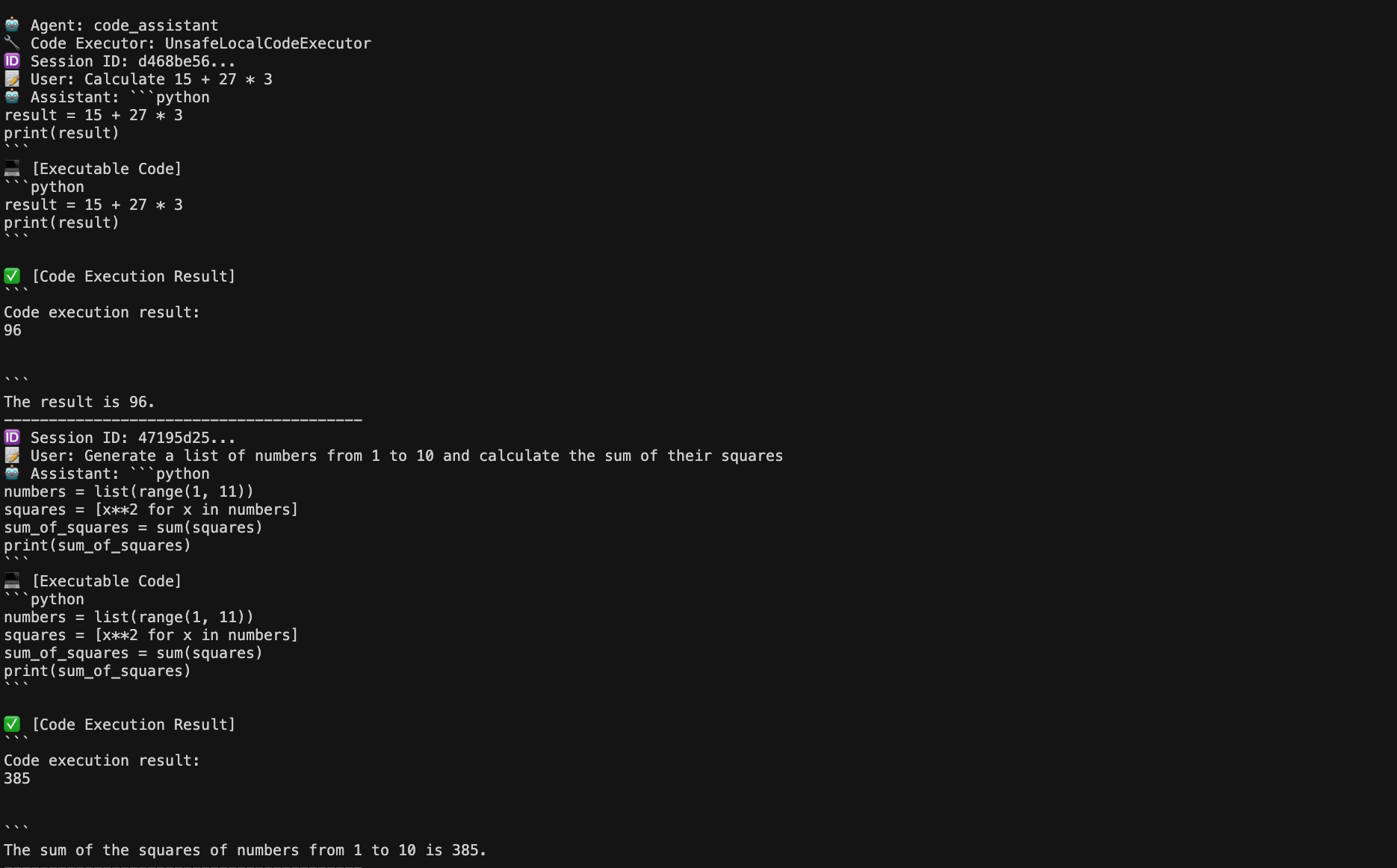 UnsafeLocalCodeExecutor Execution Result