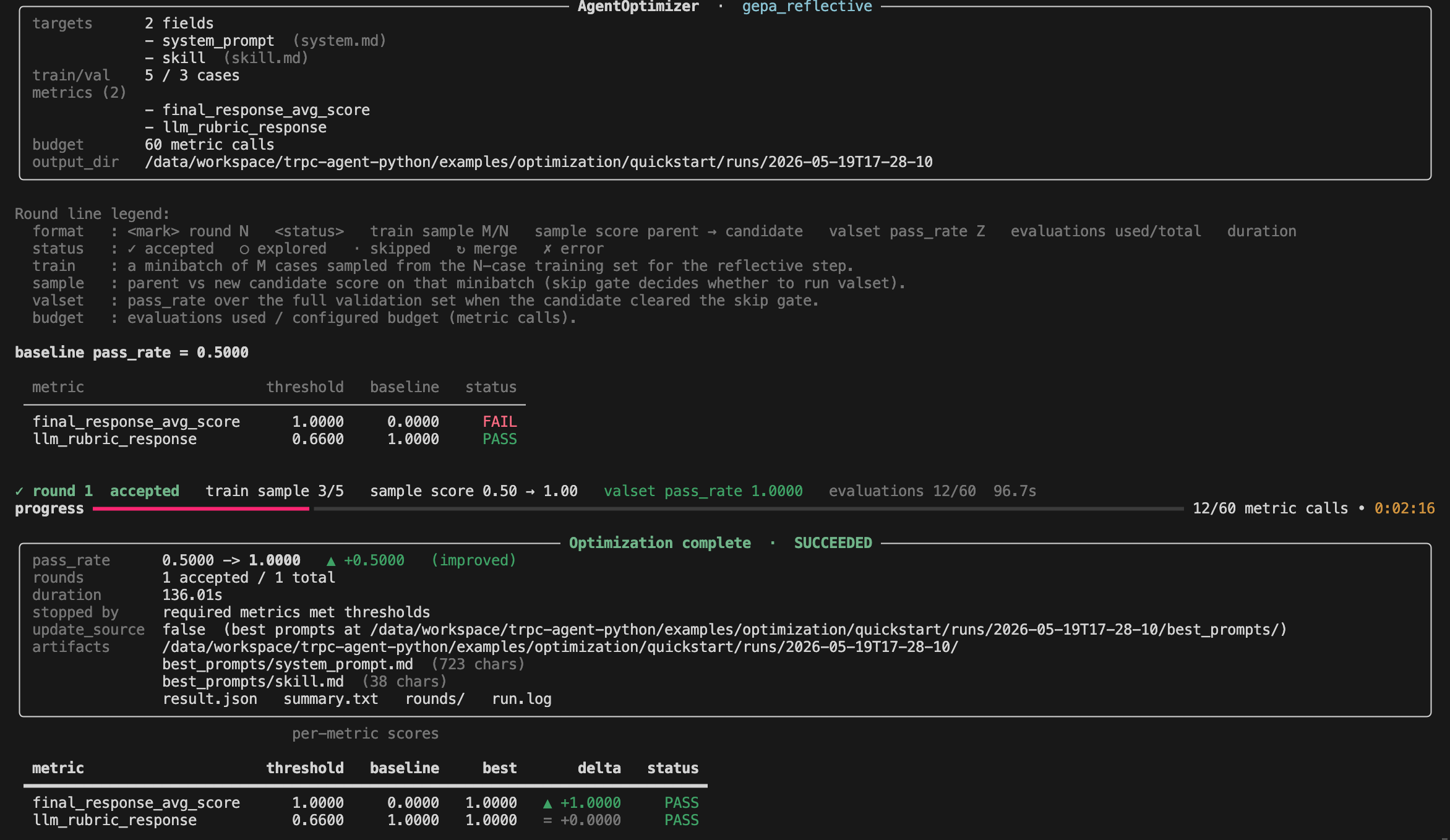 Quickstart Terminal Output Example